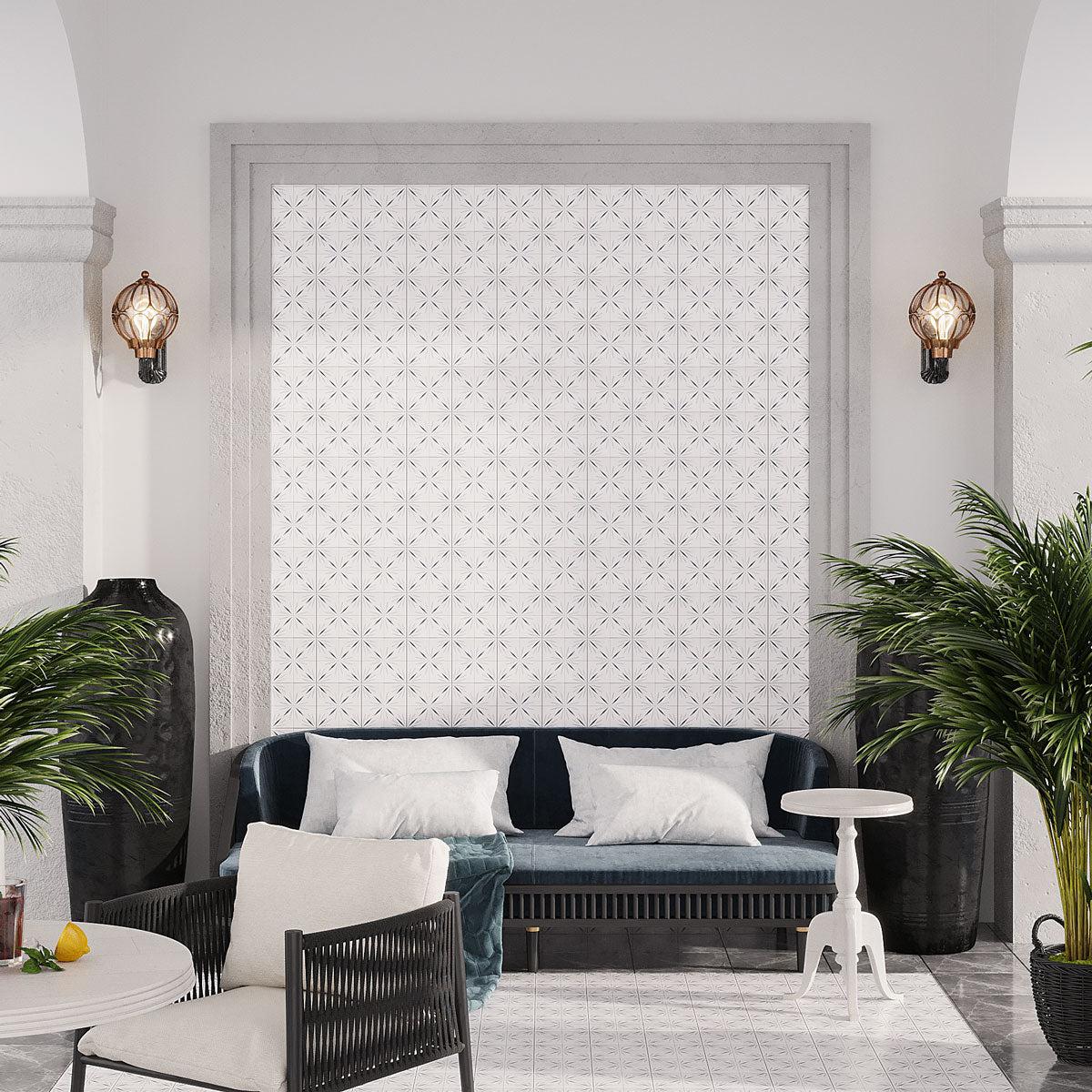 Patterned accent wall tile with White Sparkle Waterjet Marble Mosaic Tile