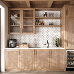 Modern kitchen wet bar design with wooden cabinets and a white and colorful marble tiled backsplash
