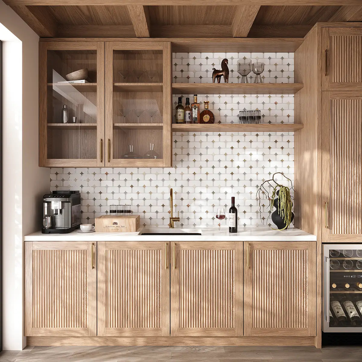 Modern kitchen wet bar design with wooden cabinets and a white and colorful marble tiled backsplash