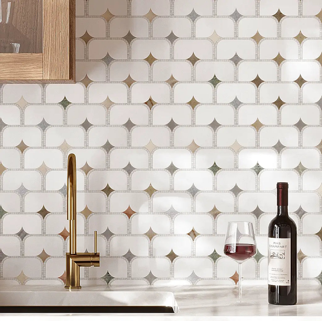 Elegant white marble geometric tile with colorful stone star details for a kitchen backsplash