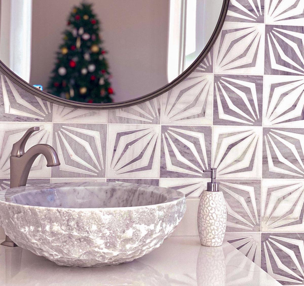 White Striped Diamonds Marble Mosaic Tile | Tile Club