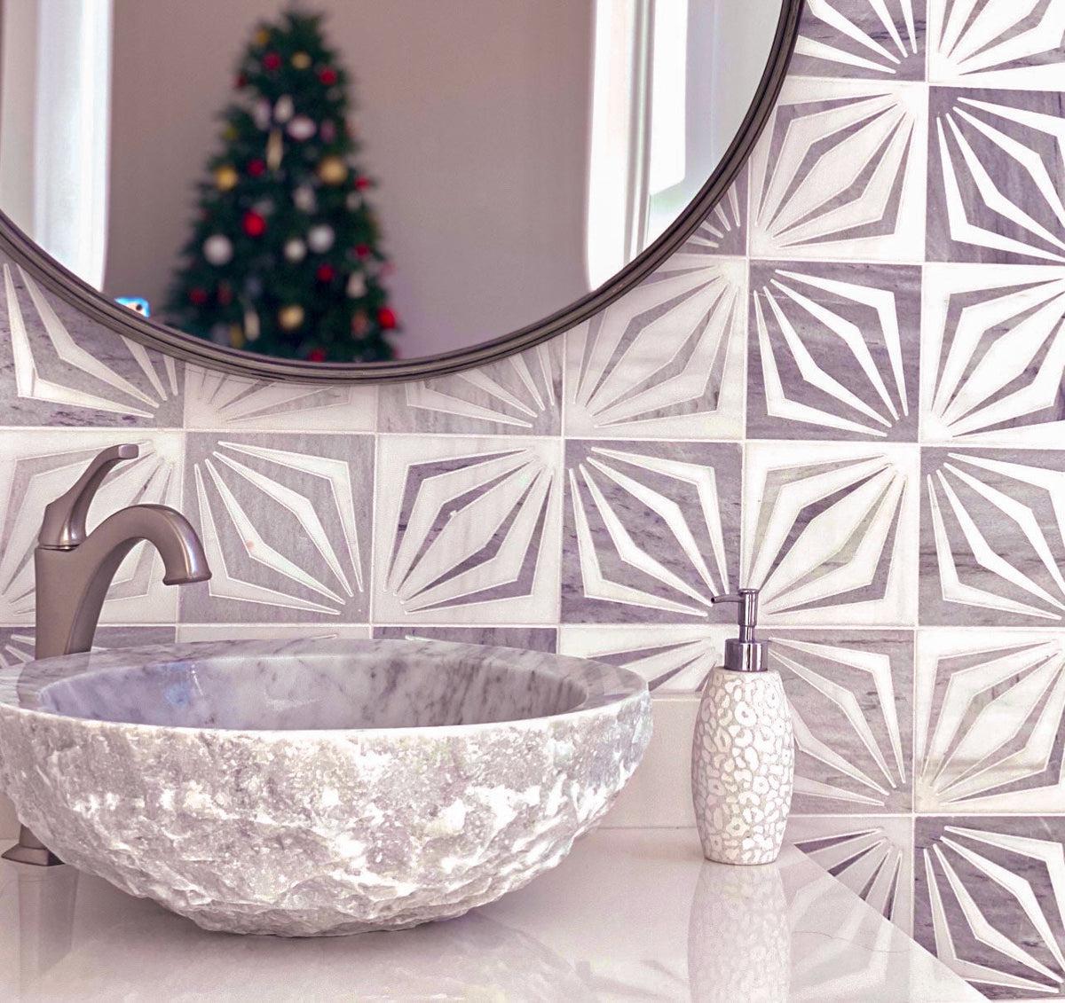 White Striped Diamonds Marble Mosaic Tile | Tile Club
