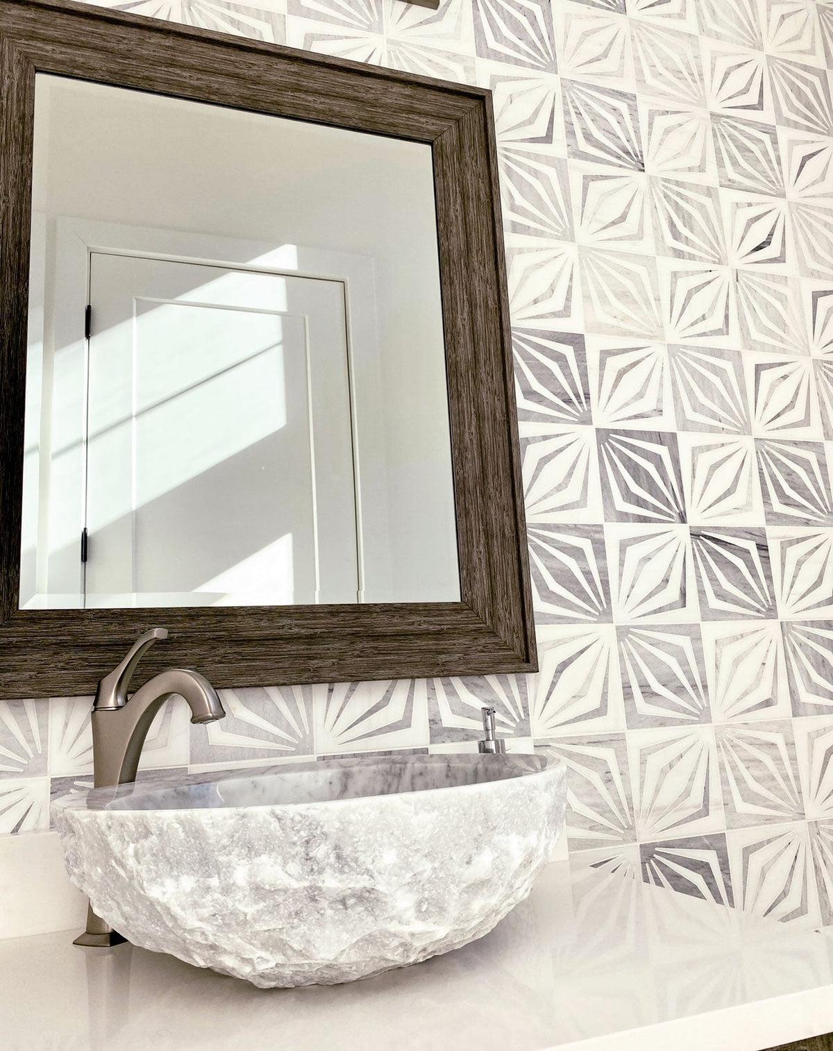 White Striped Diamonds Marble Mosaic Tile | Tile Club