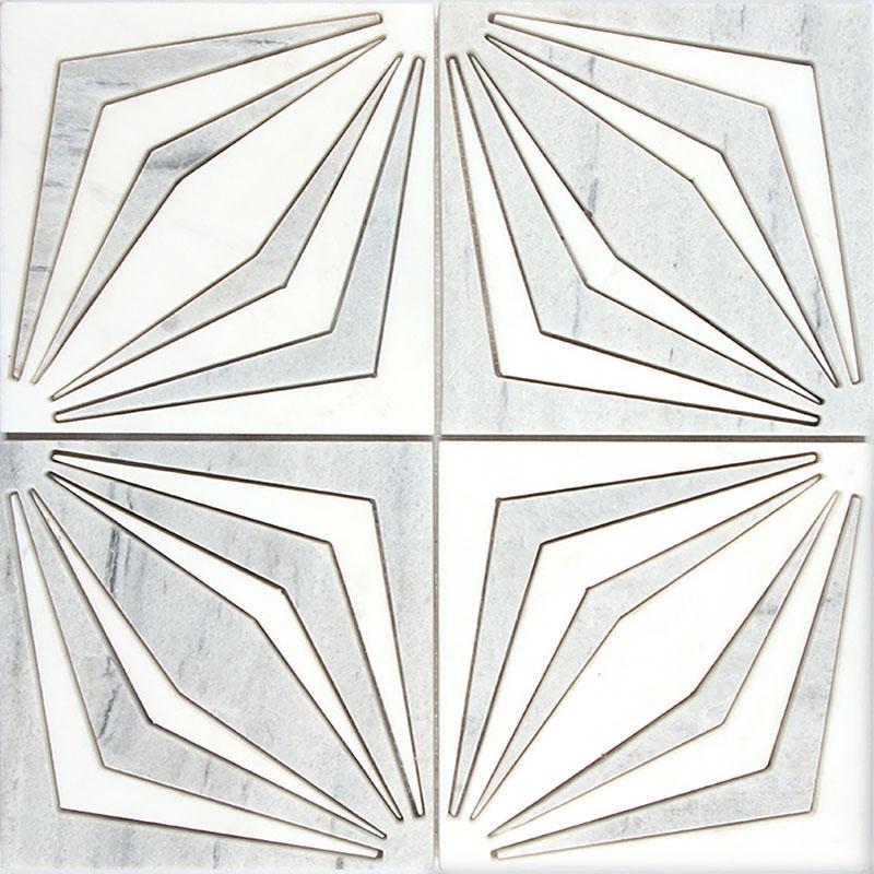 White Striped Diamonds Marble Mosaic Tile for a Modern Farmhouse Bathroom in White and Blue