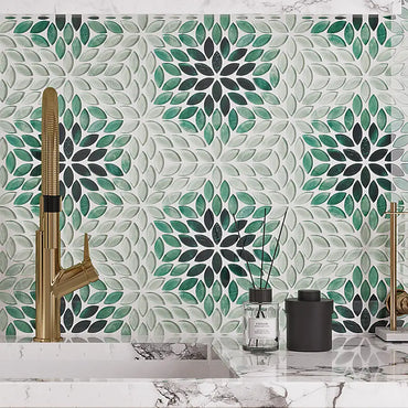 Wildflower Petals Green Glass Mosaic Tile
