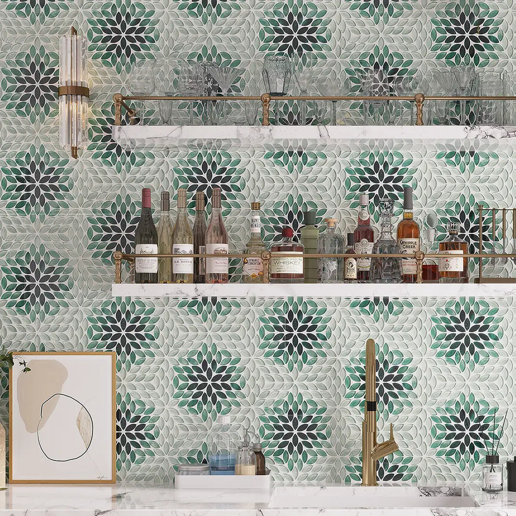 Wildflower Petals Green Glass Mosaic Tile Sample