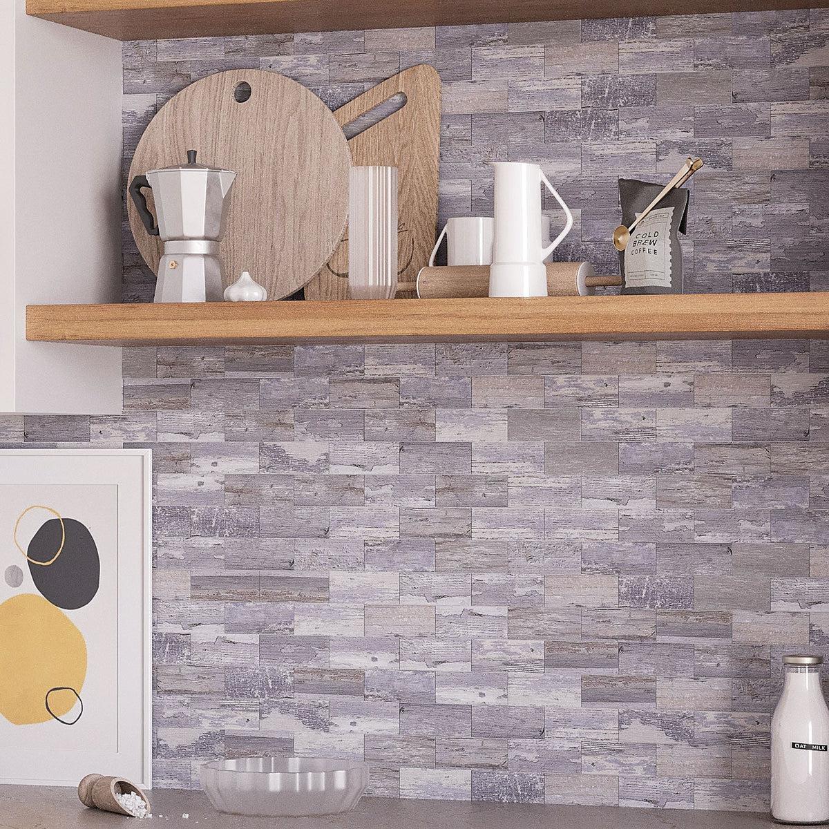 Faux wood peel and stick tile kitchen backsplash