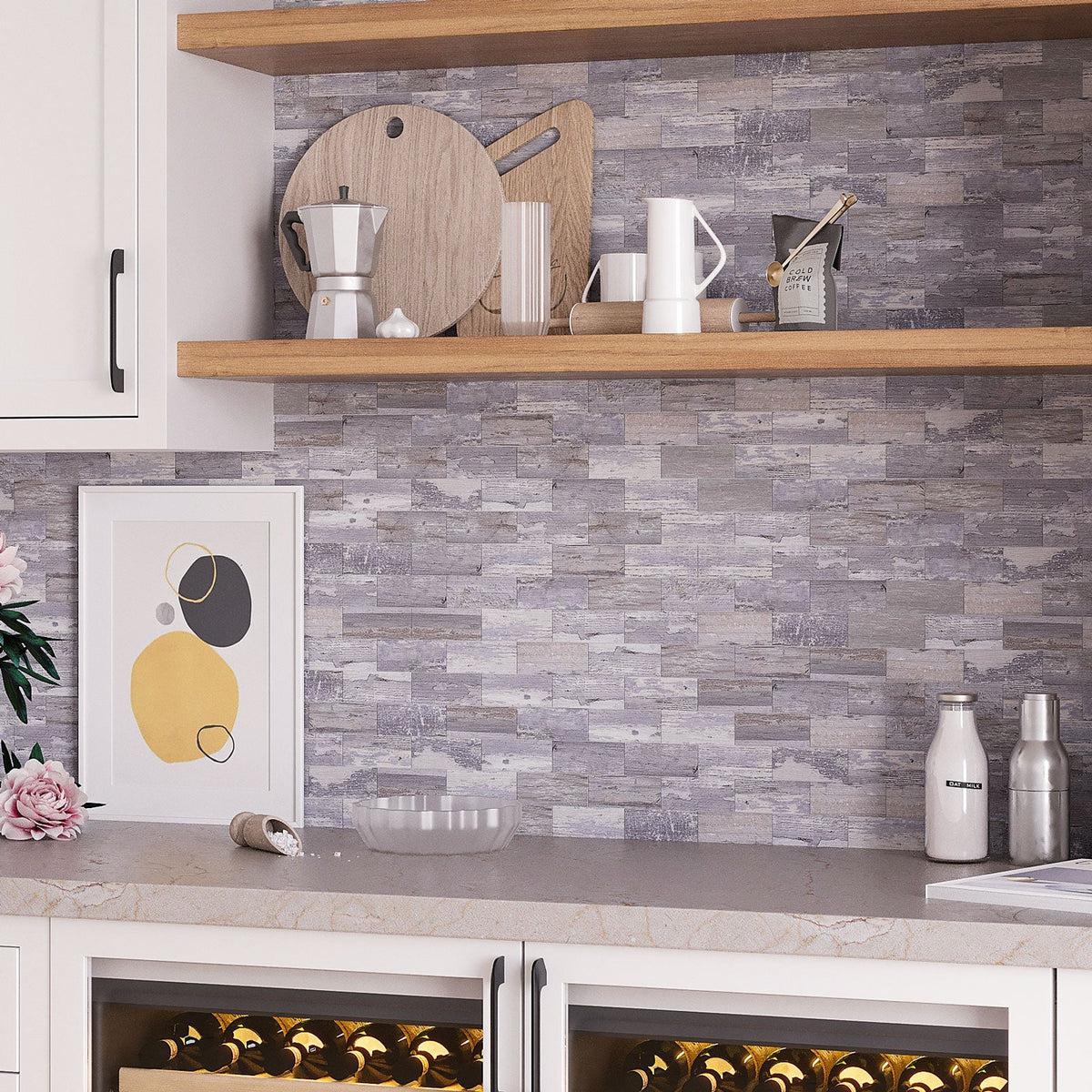 Peel and stick wood look tile for kitchen wetbar backsplash