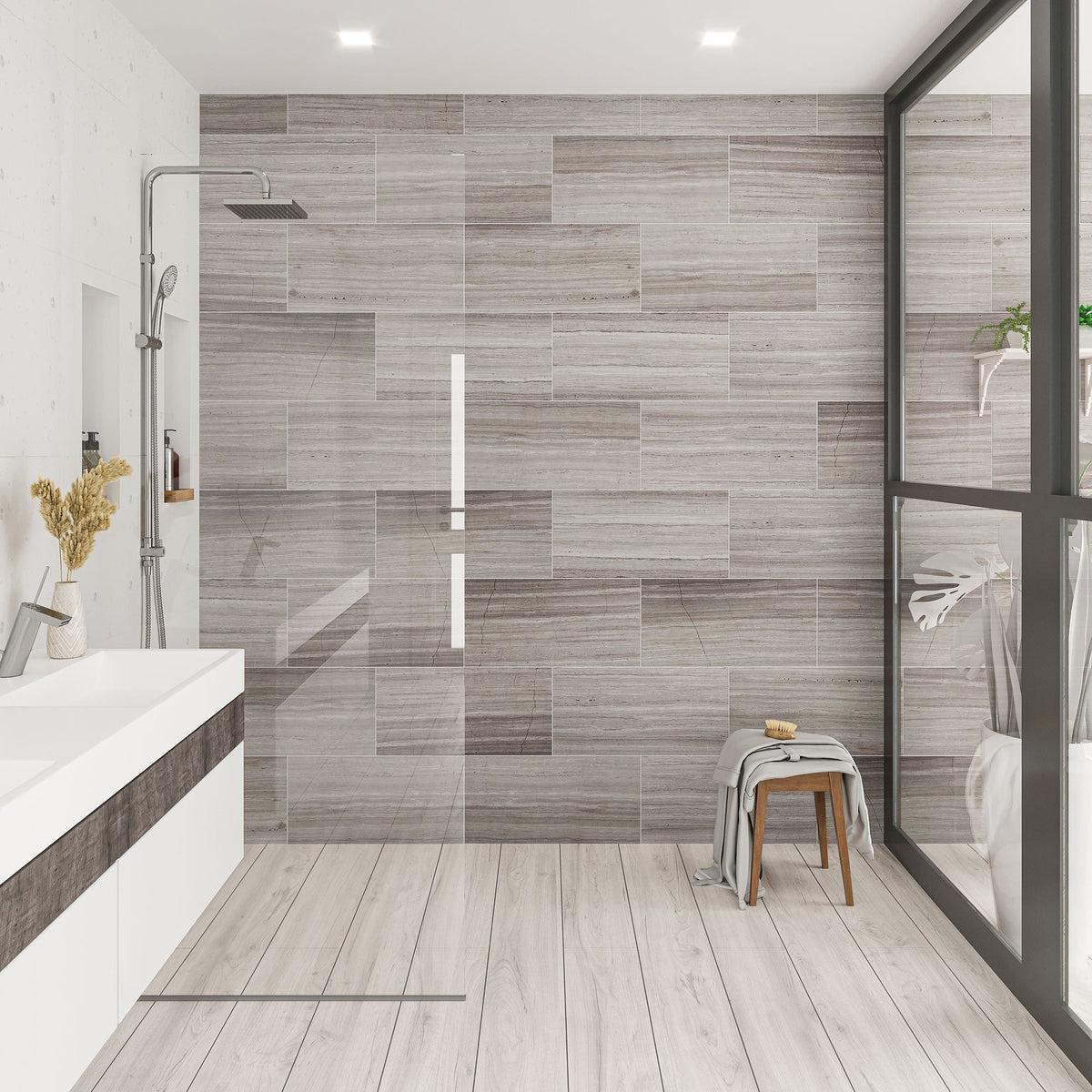 Wood look gray bathroom shower wall tile