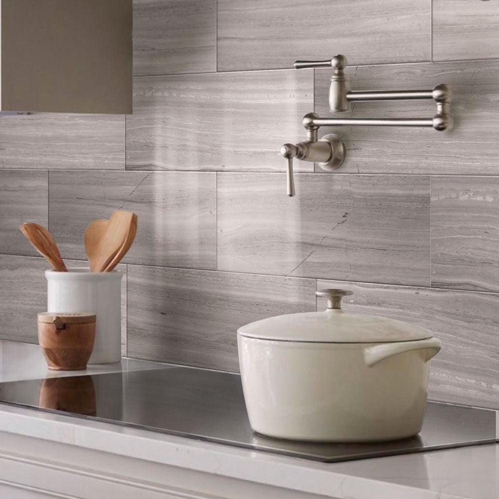 Wooden beige marble tiles for a large format kitchen installation