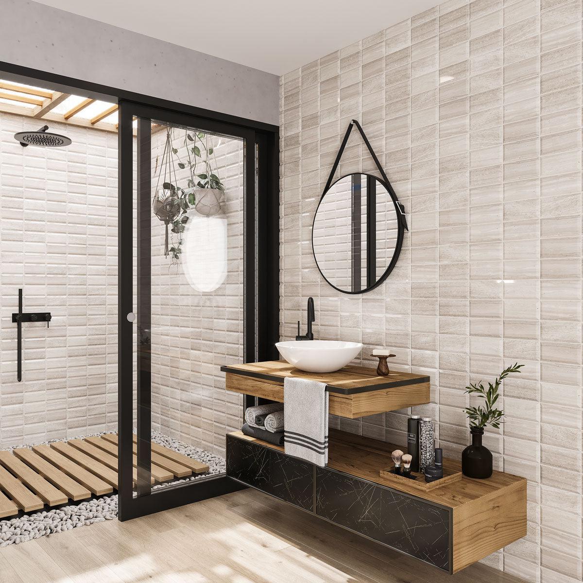 Spa style bathroom with natural wood look floors and marble subway tile walls