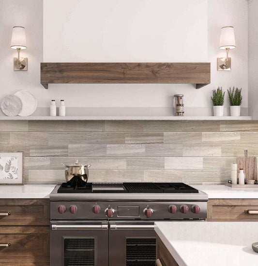 Kitchen Backsplash with wood look marble subway tiles