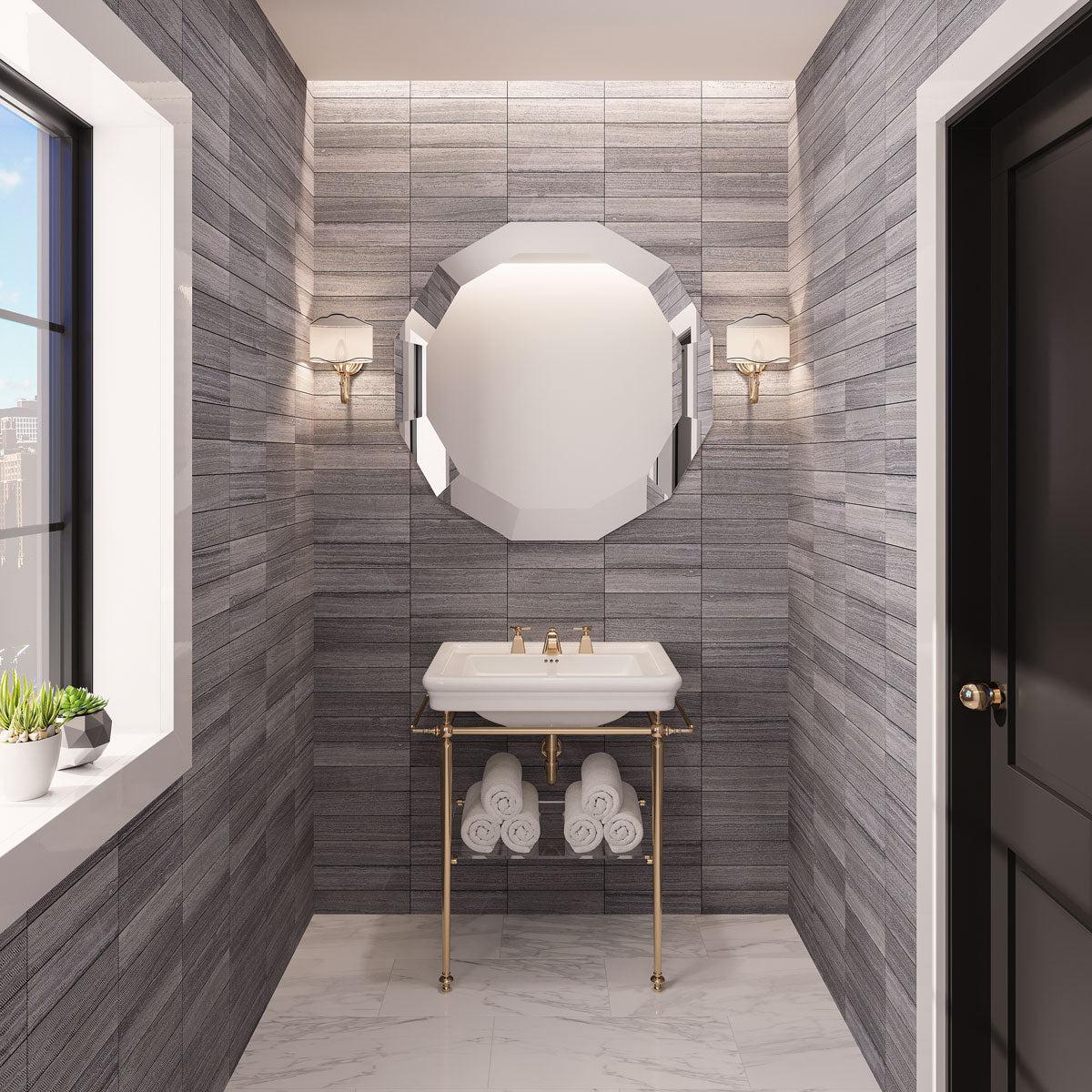 Minimalist half bathroom with ethced marble subway tiles