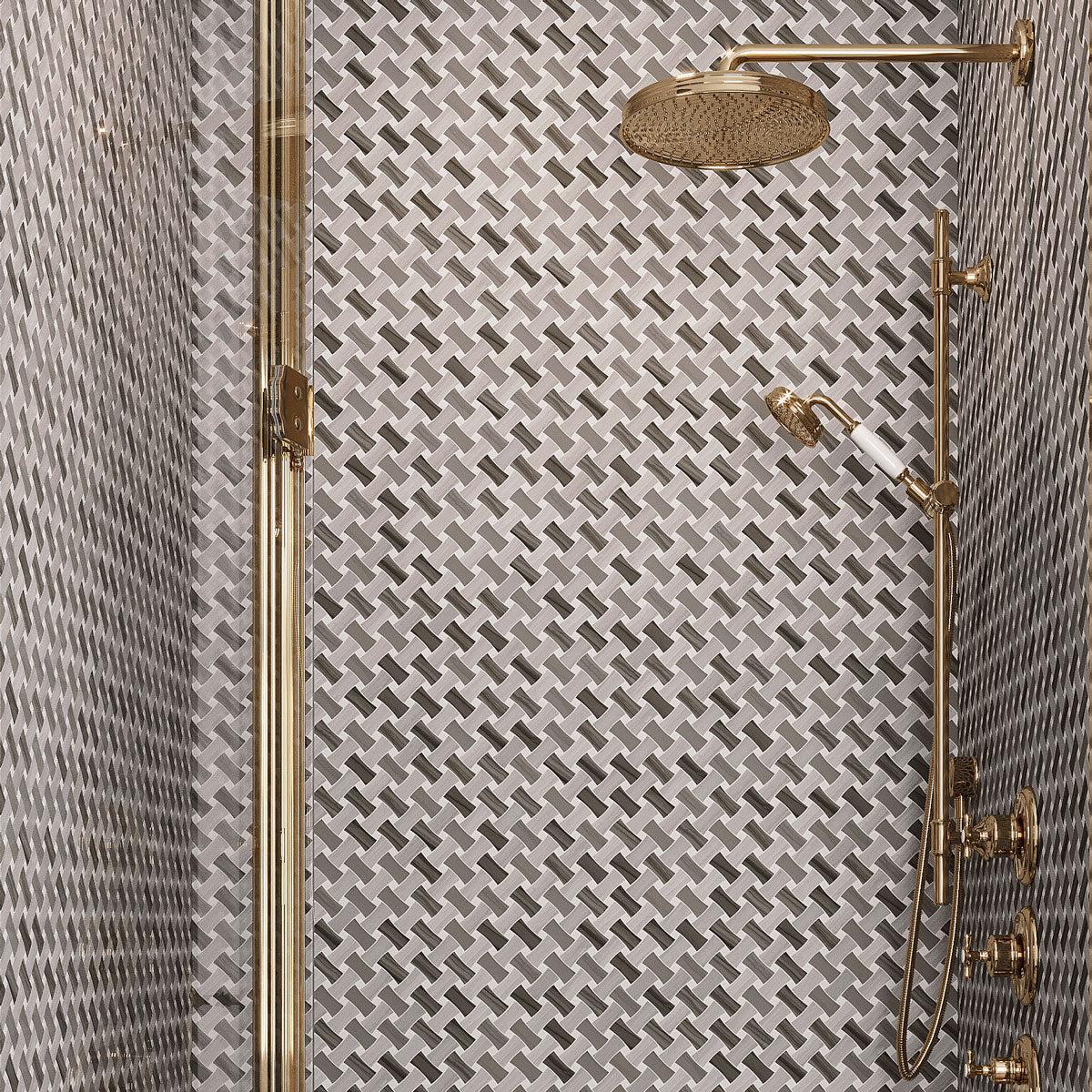 Wooden Beige Curved Basket Weave Marble Mosaic Tile shower wall with brass fixtures