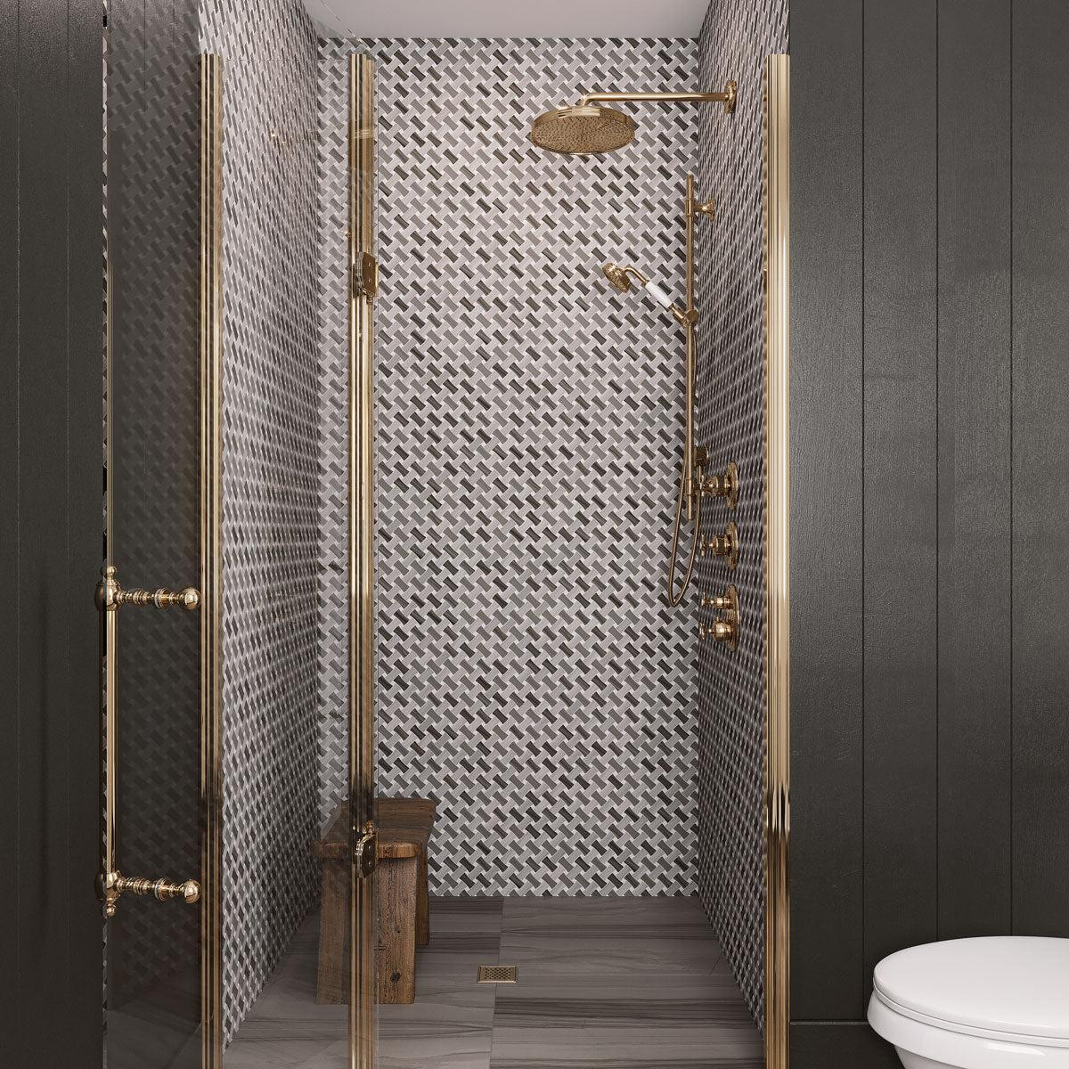 Stall shower with neutral marble basket weave tile
