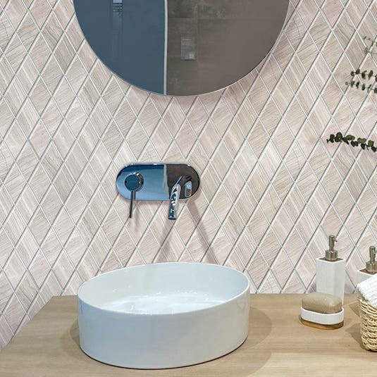 Wood look diamond tile bathroom wall
