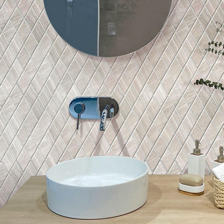 Wood look diamond tile bathroom wall