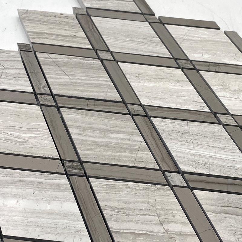 Wooden Beige Diamond with Athens Grey Lines Marble Mosaic Tile