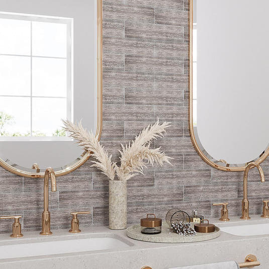 Wooden Beige Dots Etched Subway Marble Tile Bathroom Backsplash