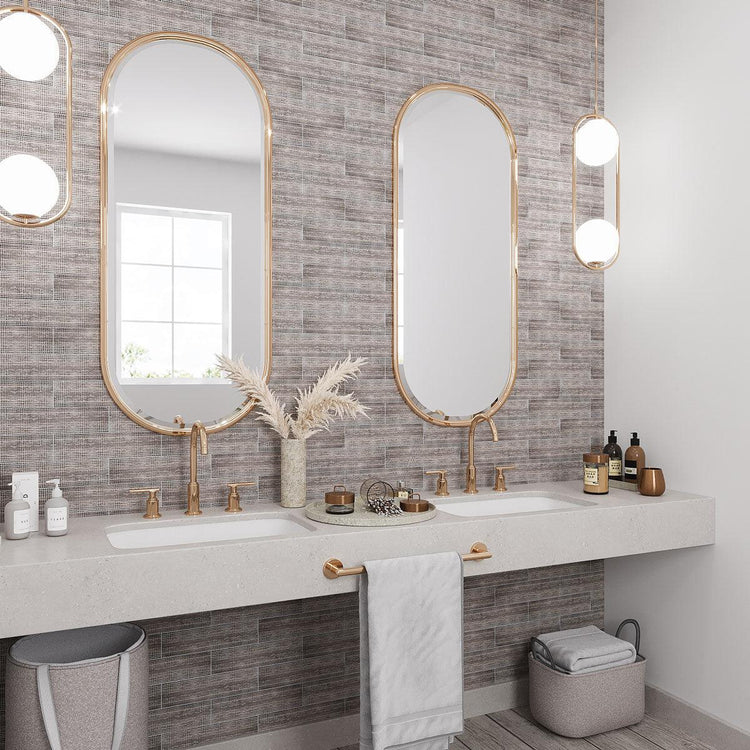 Textured bathroom wall tile with etched marble subway tiles