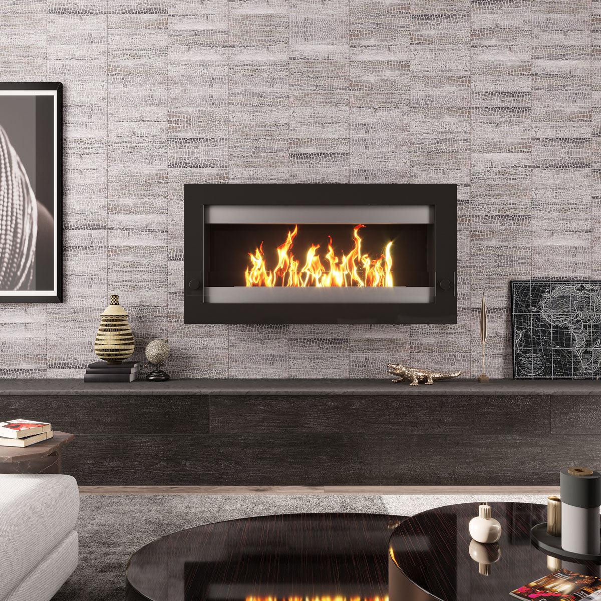 Modern fireplace accent wall with wooden beige etched marble subway tiles with a gator pattern