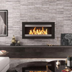 Modern fireplace accent wall with wooden beige etched marble subway tiles with a gator pattern