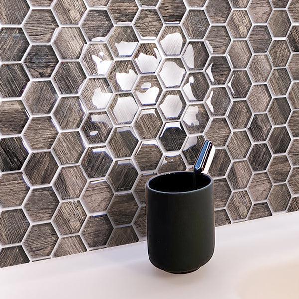 Shiny Wooden Glass Hexagon Mosaic Tile Bathroom Backsplash Close-up