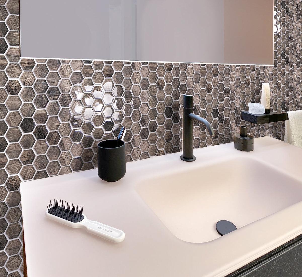 Bathroom with Wooden Glass Hexagon Mosaic Tile Backsplash