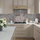 Wood look glass hexagon tile neutral kitchen decor