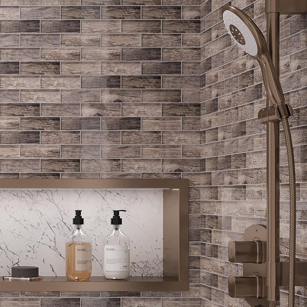 Wooden Glass Subway Mosaic Tile Shower Wall