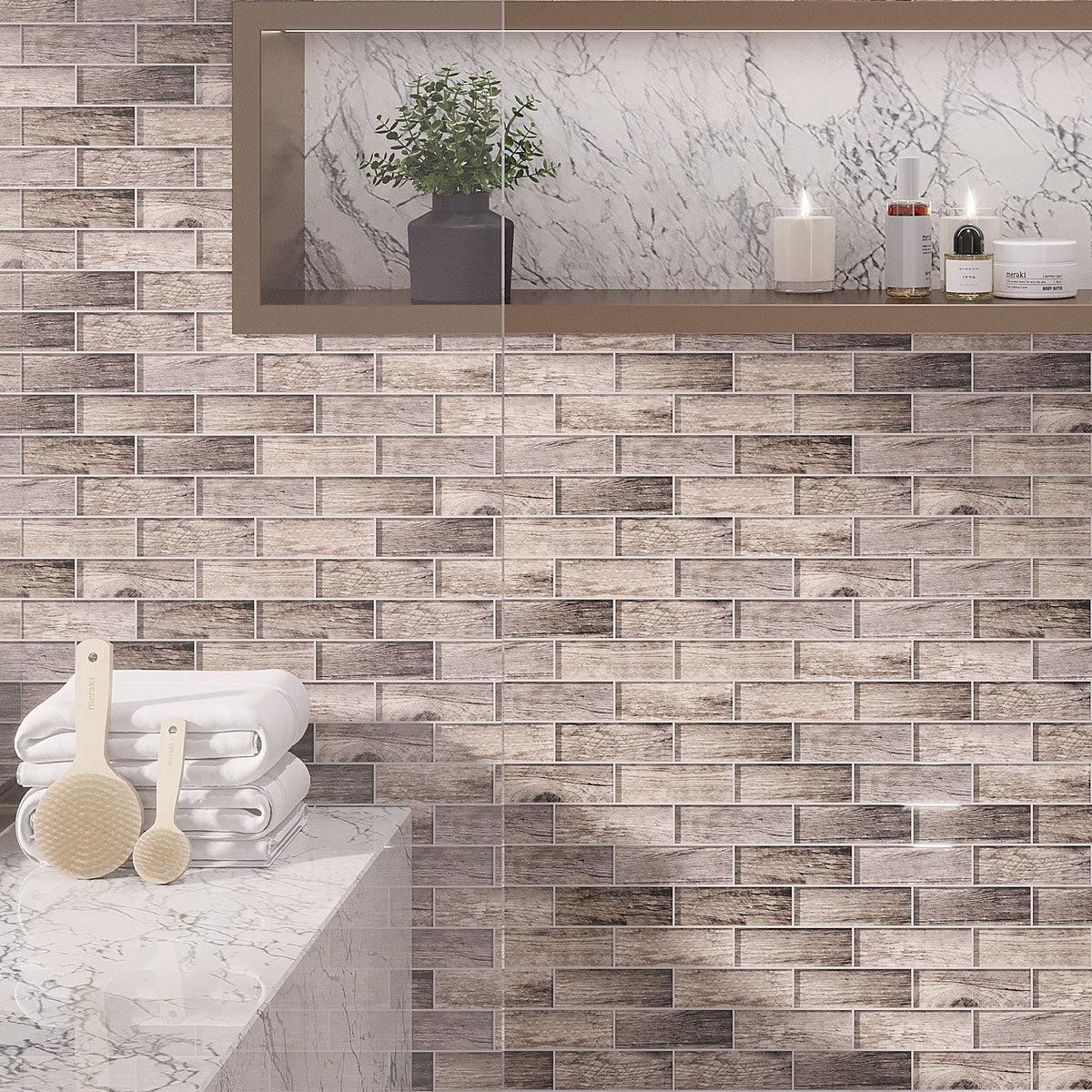 Wooden Glass Subway Mosaic Tile Shower Wall