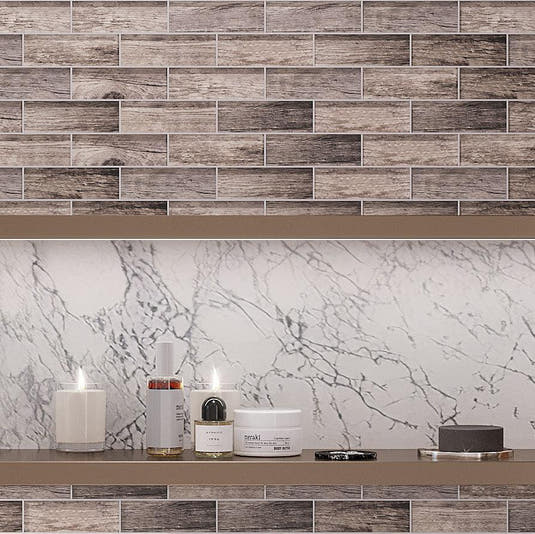 Wooden Glass Subway Mosaic Tile Shower Wall close-up