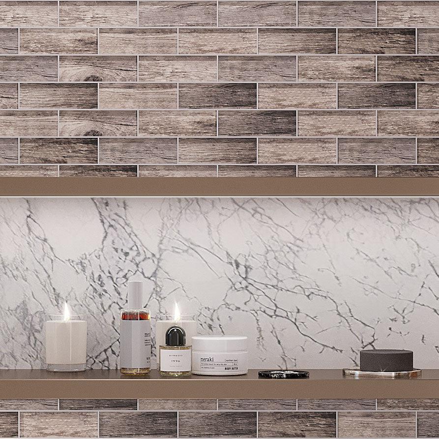 Wooden Glass Subway Mosaic Tile Shower Wall close-up