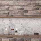 Wooden Glass Subway Mosaic Tile Shower Wall close-up