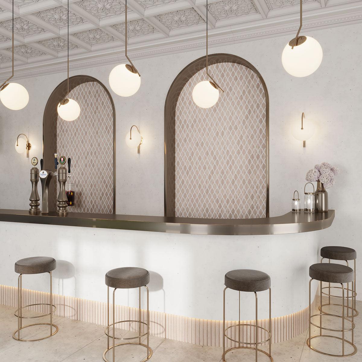 Commercial Bar Design with Wooden Grey Fan Marble Mosaic Tile  Backsplash