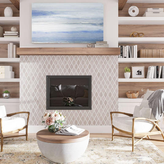 Wooden Grey Fan Marble Mosaic Tile Fireplace Surround for a Contemporary Living Room