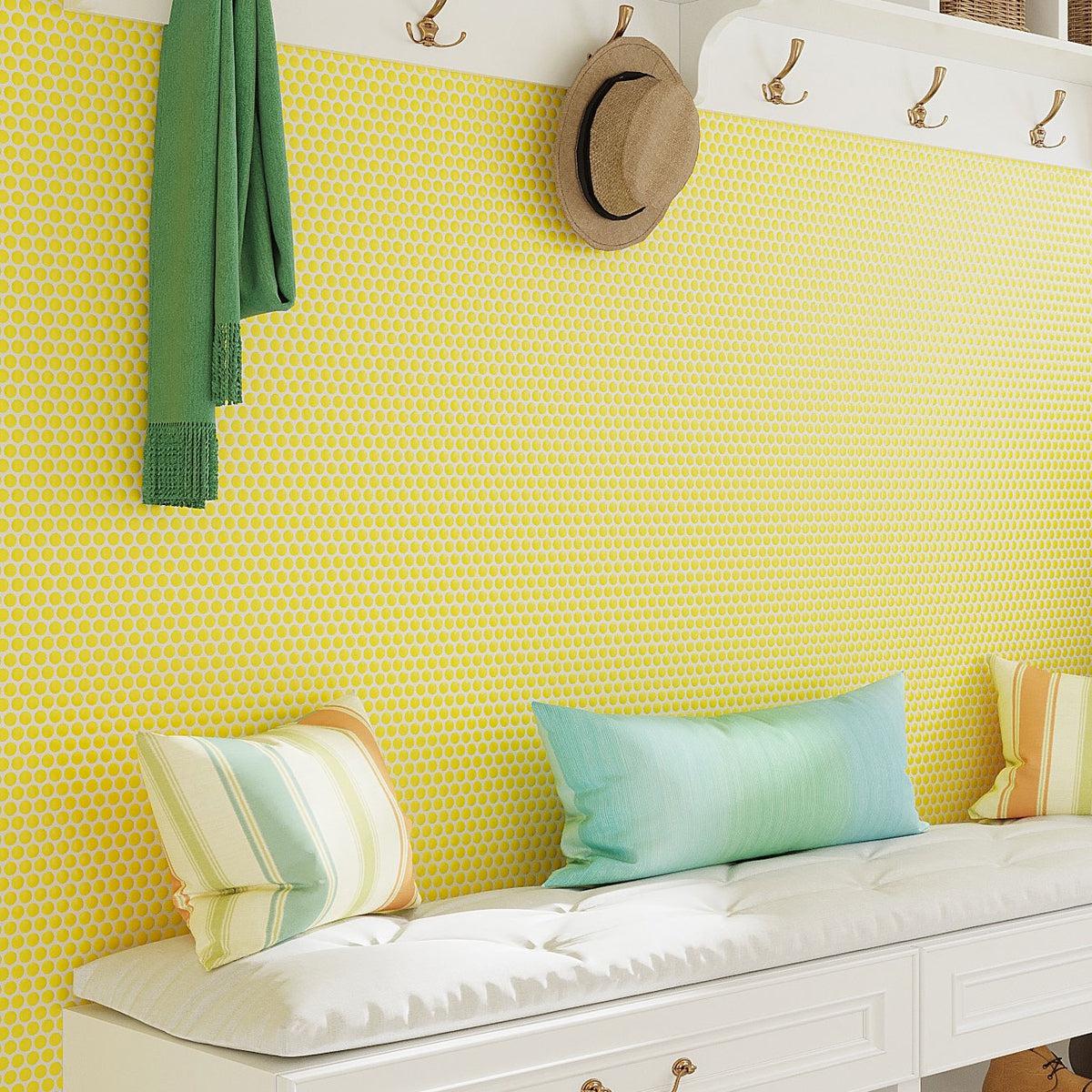 Yellow porcelain penny tile entryway wall
