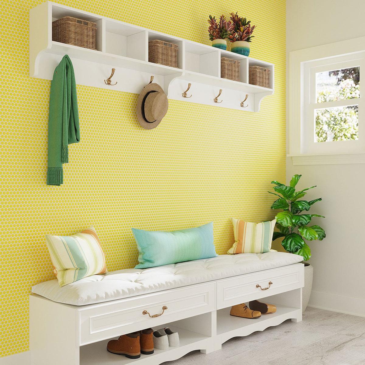 Yellow penny tile wall entryway