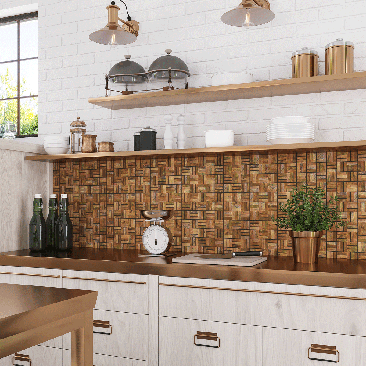 Copper Sticks Metal Mosaic Tile backsplash for a white farm kitchen pantry